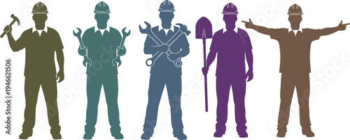Construction worker silhouettes set featuring professional builders with hammers, wrenches, shovels, and industrial site managers in safety helmets for building project development.