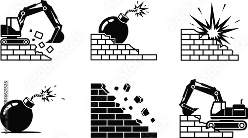 Demolition icons set featuring heavy excavator machinery breaking brick walls, wrecking ball bombs, and industrial building destruction for construction site renovation projects.