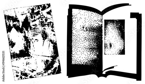 Open book displaying halftone, paired with abstract sketchbook, vector art, black and white, educational design, creative illustration.