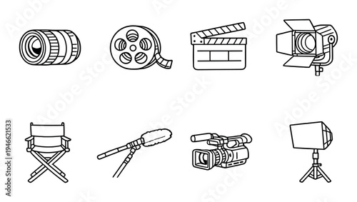 Film production icons and gear arranged on dark backdrop