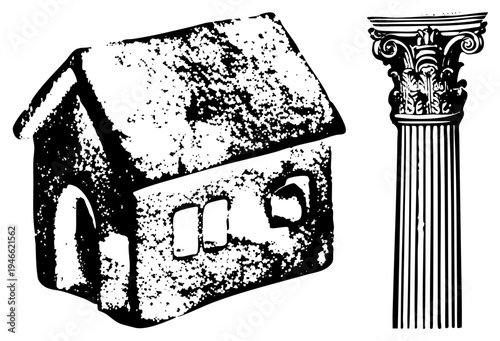 Stone cottage with textured roof and doorway beside ornate Ionic column, architectural elements, black and white graphic, vintage aesthetic.