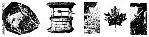 Antique water well with stone bricks, hand crank mechanism, rustic charm, rural utility, historic architecture, black and white halftone.