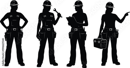 Female construction worker silhouettes set featuring professional builders in safety helmets with tool belts, holding wrenches, clipboards, and industrial equipment boxes.
