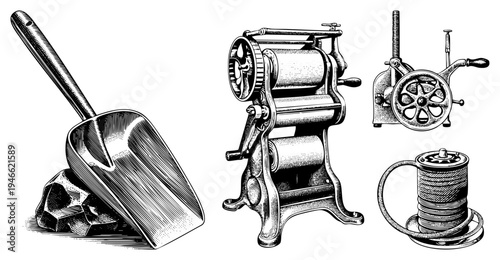 Antique manual tools including shovel, rollers, winch, and spool, rendered in classic engraving style, industrial heritage, mechanical craftsmanship.