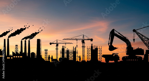 Silhouette of industrial construction site with cranes and factory at sunset.
