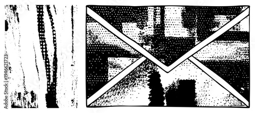 Stylized envelope rendered in halftone, cracked surface texture, graphic design element, communication symbol, mail delivery, postal graphic.