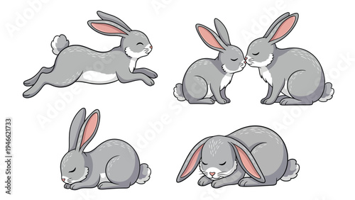 Collection of adorable grey cartoon rabbits: hopping, nuzzling, and sleeping bunnies. Cute animal illustration set.