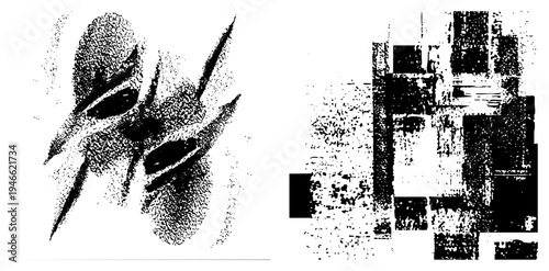 Black and white halftone forming abstract shapes, graphic art with textured strokes, modern composition, digital vector design.