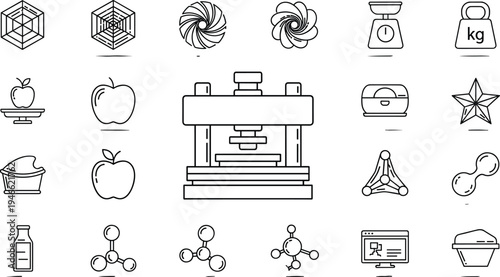 Science and laboratory equipment icons set featuring molecular structures, weight scales, apples, hydraulic press machine, and chemical containers for industrial research.