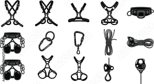 Safety harness icons set featuring rock climbing gear, industrial fall protection belts, carabiners, ropes, and professional mountaineering equipment for high altitude work.