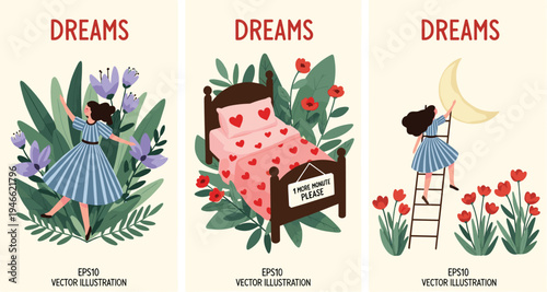 Dreams Concept with Girl in Nature, Cozy Bed with Hearts, and Climbing to the Moon in a Flat Vector Illustration