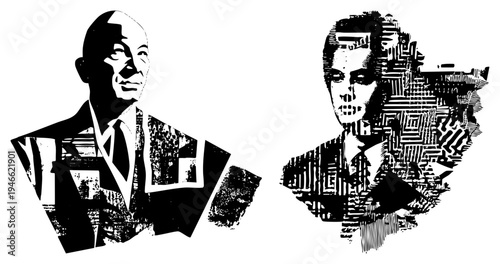 Graphic vector busts of men in suits, halftone texture, stylized portraits, business figures, illustration, graphic design.