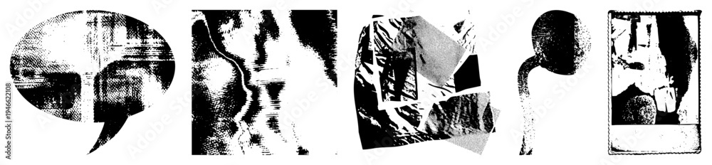 Fototapeta premium Stylized vector with halftone, geometric, and distorted elements perfect for digital art, UI, or graphic experiments. Includes speech bubbles, fragments, textures.