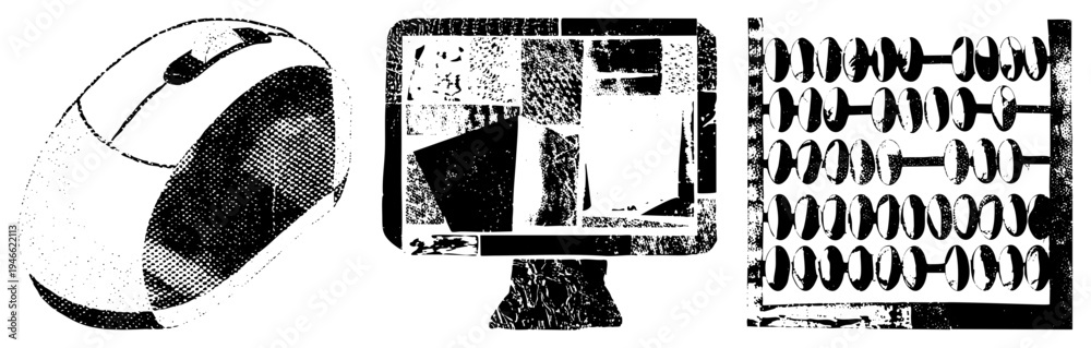 Obraz premium Retro tech trio including computer mouse, CRT monitor, and abacus rendered in halftone dot, vector graphic with tones, tech nostalgia design.