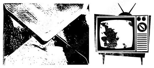 Retro displaying abstract noise, envelope with distressed ink, vintage, analog communication, graphic, grainy halftone, nostalgic design.