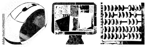 Retro tech trio including computer mouse, CRT monitor, and abacus rendered in halftone dot, vector graphic with tones, tech nostalgia design.