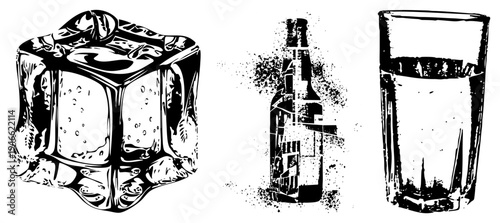 Ice cube, beer bottle, water glass high contrast vector art for design/print. Alternately frozen beverage, carbonated drink, drinking vessel.