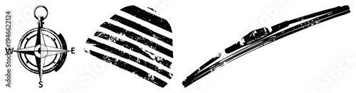 Classic compass rose with cardinal points, distressed sunburst, car windshield wiper blade. Vector for navigation, weather, automotive themes. Flat design,, isolated elements.