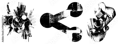 Black and white halftone graphic of clock, share symbol, and camera, stylized vector art, isolated elements, digital illustration, graphic design assets.