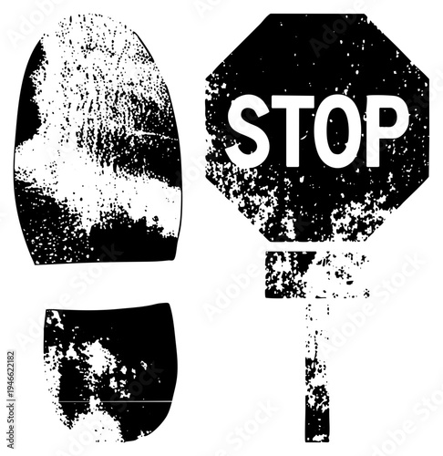 Weathered stop sign with bold white text, shoe prints with gritty texture, urban street symbols, traffic control elements, black and white graphic design.