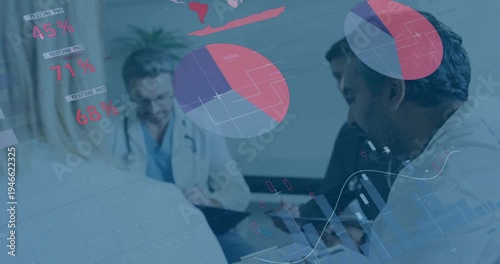 Bearded doc leading team, group tapping tablets, moving charts overlaying team showing medical data