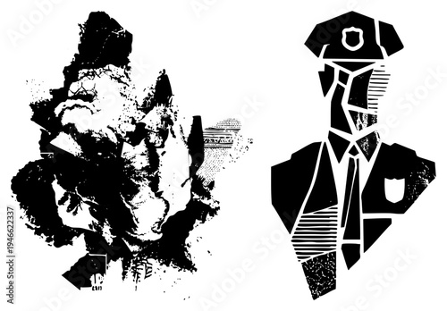 Graphic vector art of a police officer and a fragmented urban figure, halftone textures, bold black shapes, street art aesthetic, isolated foreground elements.