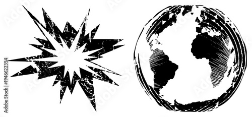 Black and white vector featuring a jagged explosion and textured globe, ideal for design projects needing gritty, urban, or retro aesthetic.
