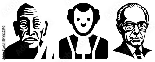 Vectorized busts with bold, minimalist facial features, graphic illustration, design, stylized characters, flat, character avatars.