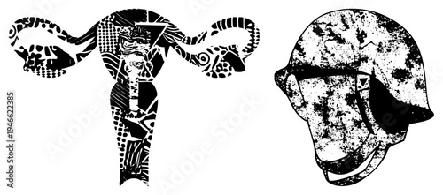 Abstract black and white graphic of uterus and fallopian tubes with tribal, juxtaposed with textured military helmet, both as isolated vector illustrations.