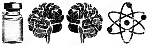 Glass medical vial, stylized brain sections, atomic structure scientific, medical, neuroscience, biochemistry, research, lab, education, molecular biology, health science.