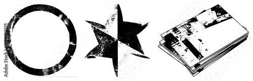 Distressed circle, star, and paper pile with gritty texture, vector, graphic design elements, abstract shapes.