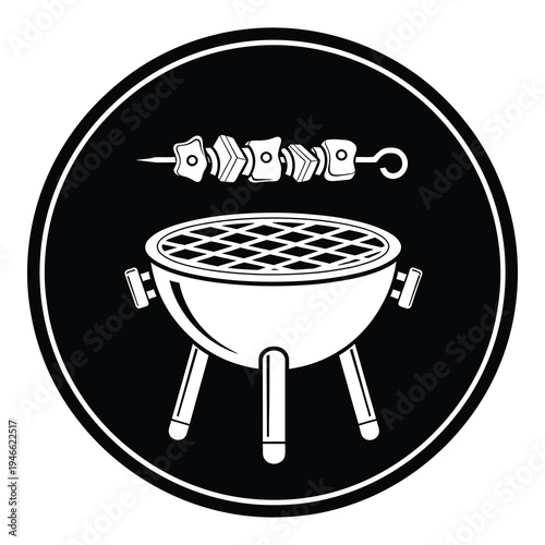 Barbecue grill with skewer of meat on top in circle logo design icon