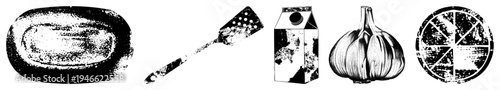 Black and white halftone illustrations of baking dish, spatula, milk carton, garlic bulb, and citrus slice, stylized for culinary design, food graphics, recipe art.