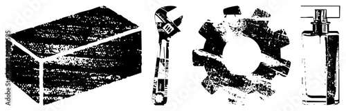 Set of mechanical and utilitarian items including brick, wrench, gear, perfume bottle, rendered in halftone texture, isolated vector foreground elements.