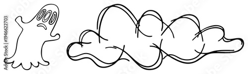 Cartoon ghost with oval eyes and wavy bottom, floating cloud with tangled loops, minimalist style, Halloween or theme, isolated vector graphic.