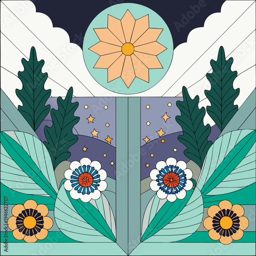 Stylized illustration of a dreamy floral landscape with sun moon and stars