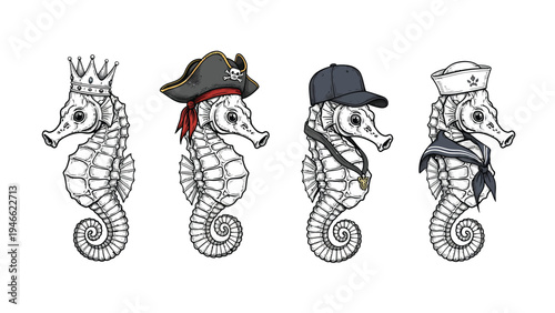 Cartoon Seahorses in Hats: King, Pirate, Street Style, and Sailor Costumes. Underwater Character Illustrations.