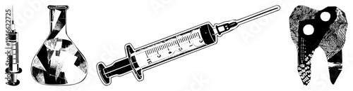Vector illustrations of syringes and lab flasks rendered in halftone, medical equipment, scientific tools, black and white graphic design, isolated medical.