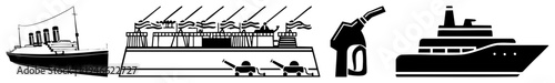 Ship including Titanic, tanker, gas pump, and luxury yacht, minimalist vector design, maritime transport symbols, isolated foreground elements.