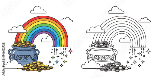Pot of gold at the end of the rainbow with magic sparkles, St. Patrick's Day vector illustration colored and black outline coloring page for kids