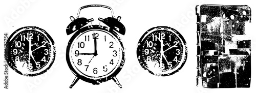 Retro analog clocks with distressed textures, classic alarm design, grunge book cover, vector art, timekeeping, vintage aesthetic.