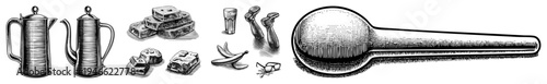 Classic coffee pots, sugar blocks, banana peel, eyeglasses, and oversized spoon, vintage engraved illustration, retro kitchenware, antique dessert tools.