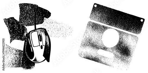 Retro computer mouse with cord, floppy disk drive, pixelated shading, 80s tech, digital nostalgia, computer, vintage hardware.