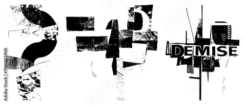 Bold fragmented lettering with distressed textures, glitch art typography, graphic design elements, isolated letterforms, urban stencil style, high contrast composition.