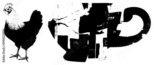 Retro chicken illustration paired with distressed typography, graphic design, vector, halftone texture, bold letterforms, vintage aesthetic, isolated art element.