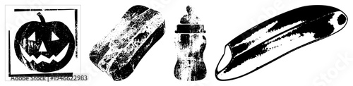 Halloween jack o lantern with carved face, grungy sponge, baby bottle with nipple, zucchini with seeds, black and white vector illustrations.