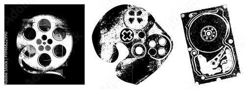 Stylized film reel, gaming controller, and open hard drive rendered in halftone, vector art, tech nostalgia, retro digital.