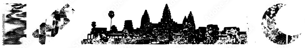 Naklejka premium Angkor Wat temple silhouette with halftone grain, textured foreground, architectural, ancient ruins, Cambodia landmark, vector cutout.