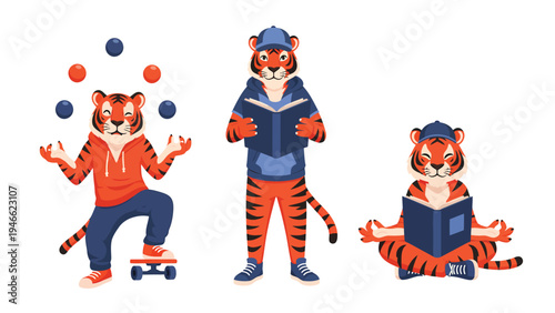 Cute Anthropomorphic Tigers Juggling, Reading, and Meditating. Cartoon animal characters with hobbies and lifestyle pursuits.