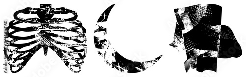 Graphic design elements featuring distressed textures, halftone dots, and fragmented shapes, ideal for retro or punk aesthetics. Includes abstract forms, torn paper effects, and gritty.